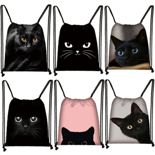 Cute Black Cat Drawstring Bag Mulheres Sacos De Compras Canvas Travel Bag Sacos De Armazenamento De Moda Mochila Meninas Adolescentes