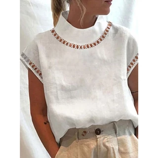 Elegante Blusas E Camisas Vintage Mulher Camisa De Linho Sólido De Verão Casual De Algodão Branco Chic Hollow Out Stand Colarinho Top