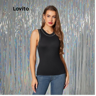 Lovito Casual Blusa Feminina Lisa Plain com Rebite LBA05166 (Preto)