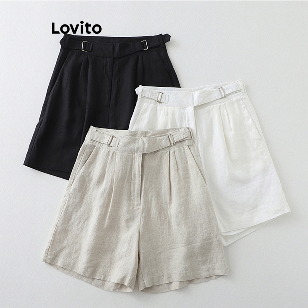 Lovito Shorts Casuais Com Bolso Com Zíper Liso Para Mulheres LNE31147 (Branco Preto)