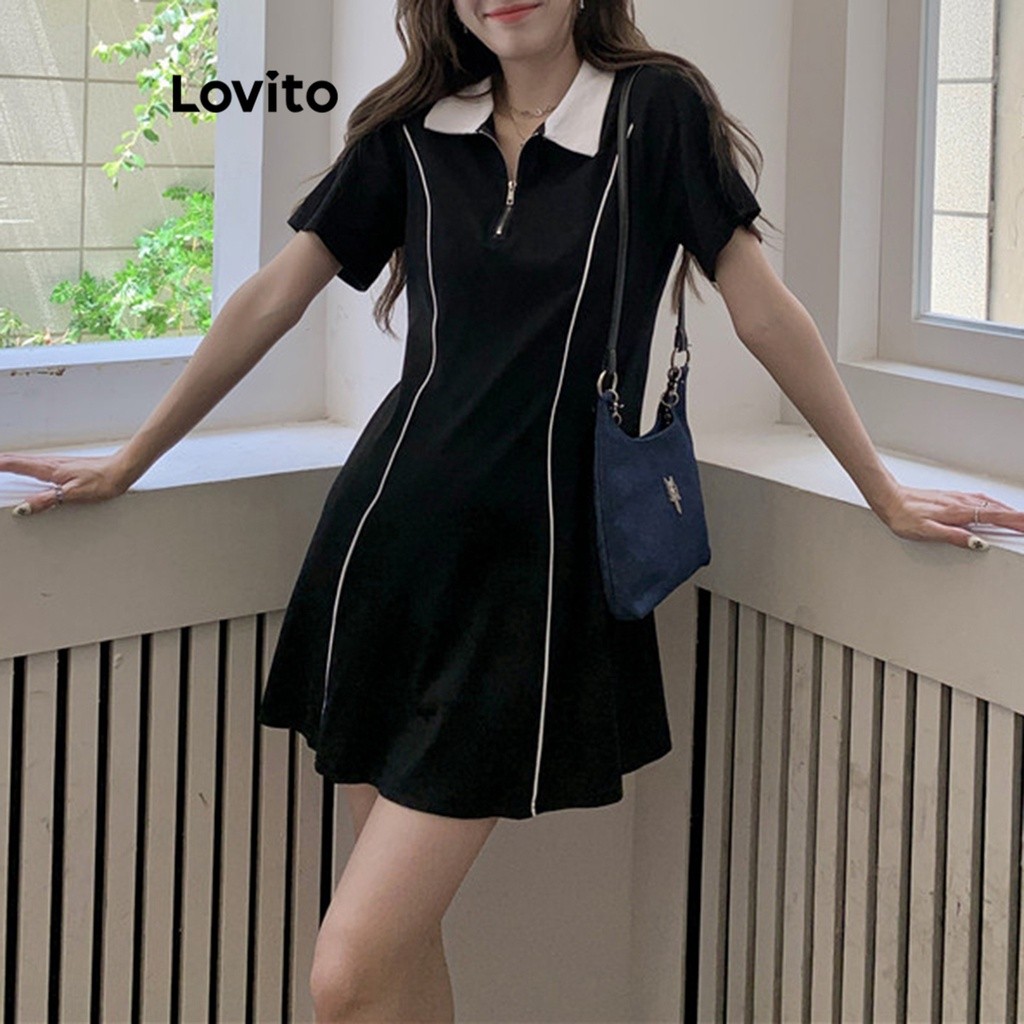 Lovito Vestido A-Line com Blocos de Cores Simples para Mulheres LNE16205 (Preto)
