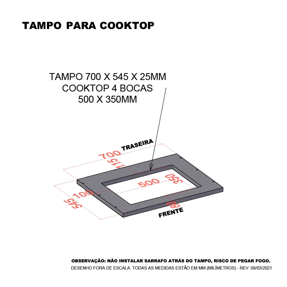 Tampo de 70cm x 54,5cm para Cooktop 4 Bocas com Furo de 50cm
