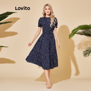 Lovito Vestido de Babados com Estampa de Poá para Mulheres LBL06010 (Azul Escuro)