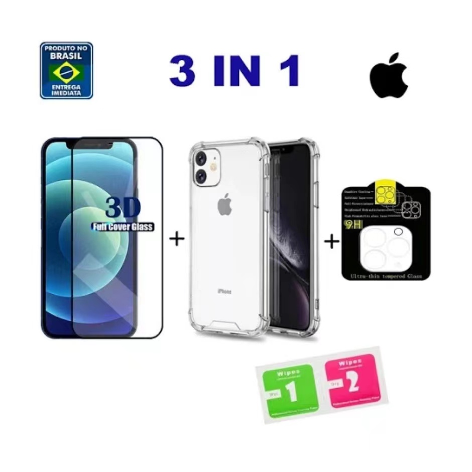 Kit iPhone Pelicula de vidro 3D + Película Câmera traseira + Capinha Capa TPU Premium Transparente iPhone 6 7 8 Plus X XS MAX 11 12 13 promaz