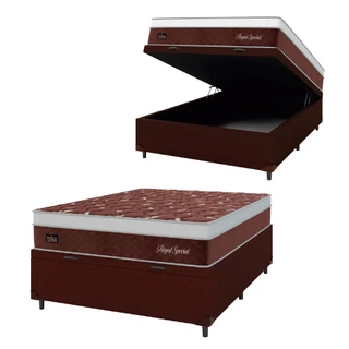 Cama Box Baú Casal Colchão Molas Ensacadas Royal 138x188x71cm Hellen Marrom / Branco - Suporta até 1