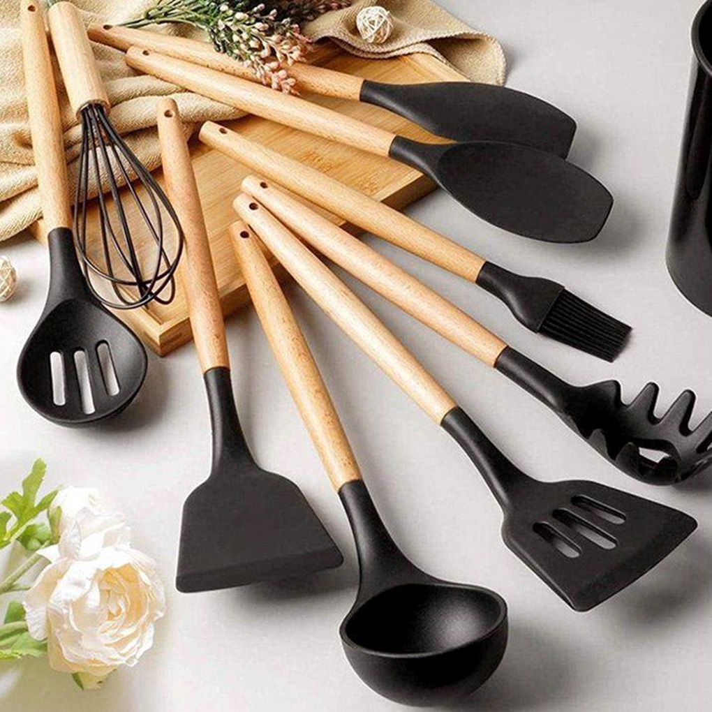 Utensílios de Silicone Preto Individual Cabo Madeira Talheres Monte Seu Kit Variados