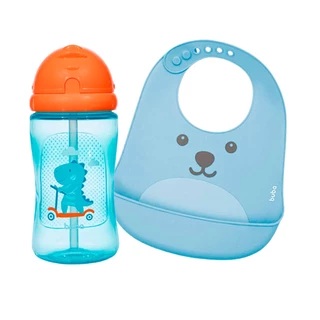Conjunto com Garrafinha Animal Fun Dino Patinete 340ml Babador de Silicone Pega Migalhas Azul Buba