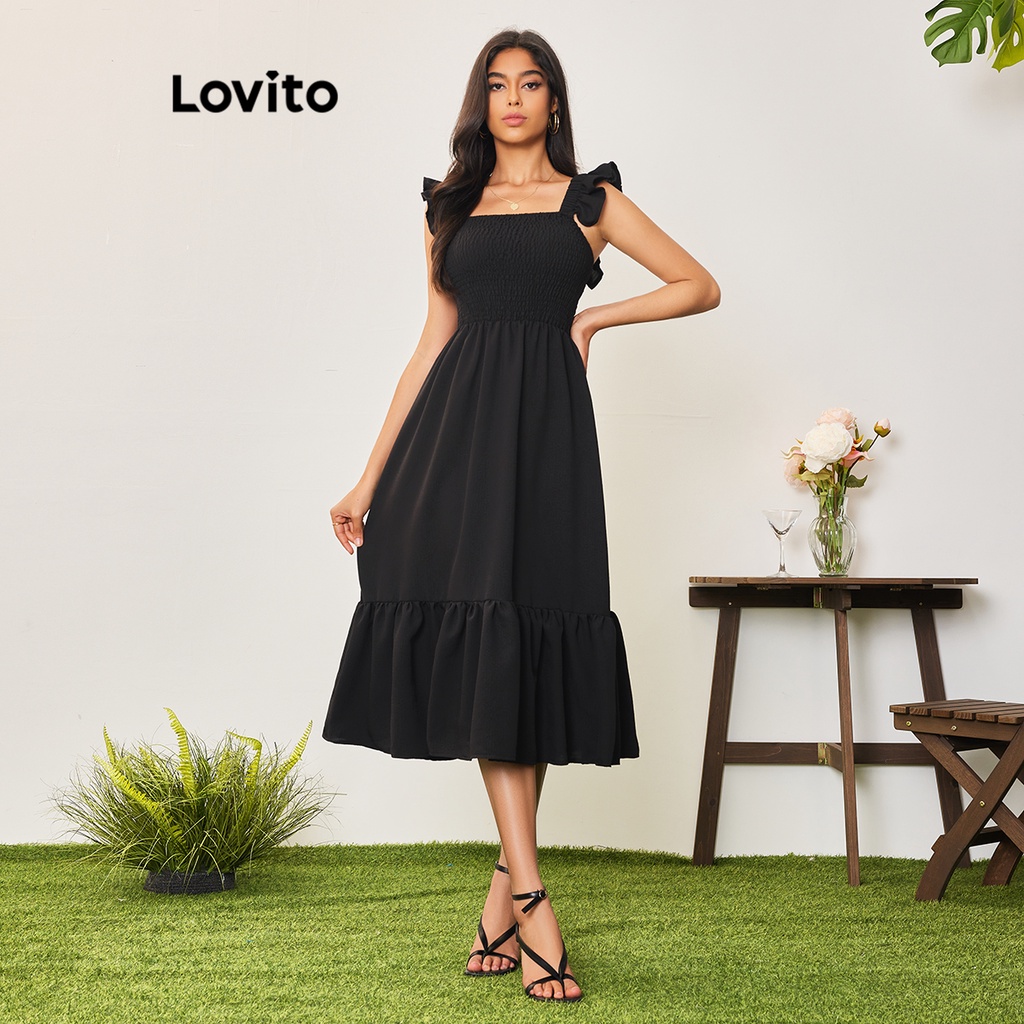Lovito Casual Vestido Feminino Liso Básico LBA05116 (Preto)
