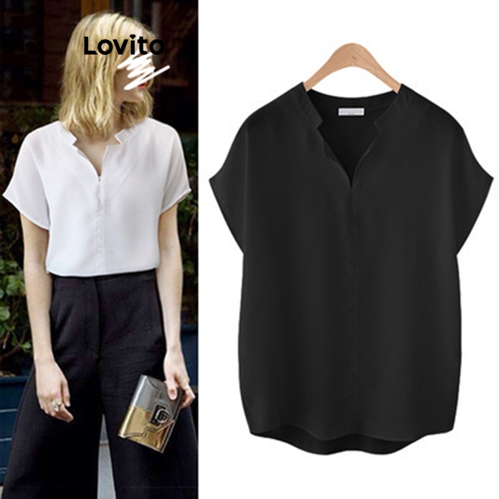 Lovito Blusa Elegante Lisa Com Frente Dividida Para Mulheres LNL35032 (Branco Preto)