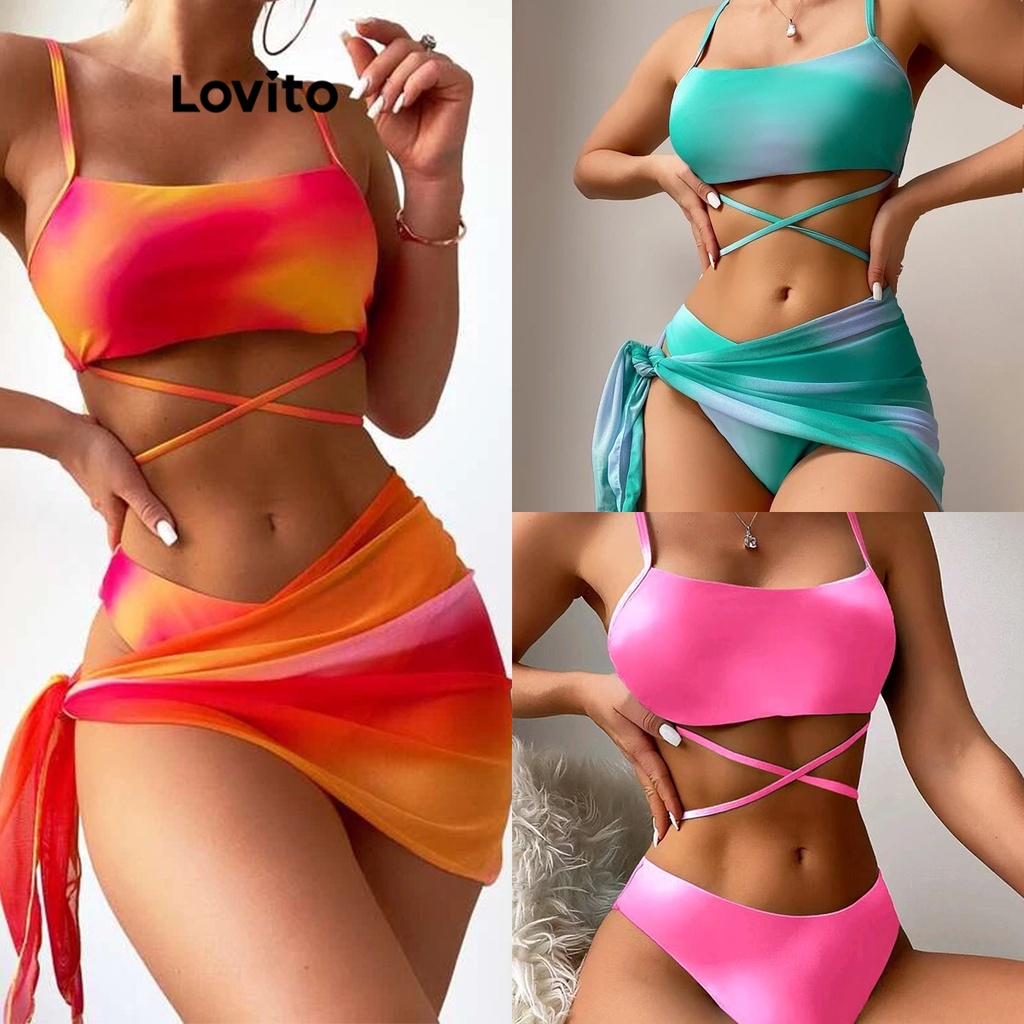 Lovito Conjuntos De Biquíni Sexy Tie-Dye Com Cadarço Para Mulheres LNL37055 (Laranja/Rosa Choque/Azul)