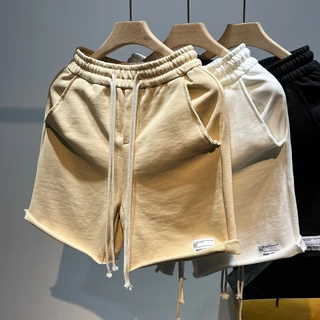 Short Frayed Short Masculino Verão Americano Moda de Rua Calça de Cinco Pontos Alta Rua ins Larga Reta Esportes Pesados Calça de Moletom
