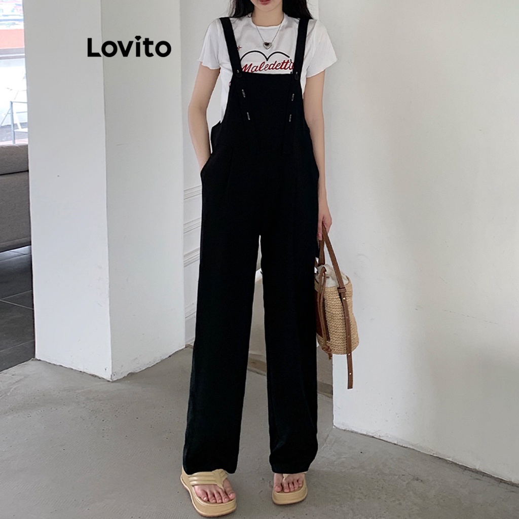 Lovito Casual Jardineira Feminina Lisa com Bolso LNE29431 (Preto)