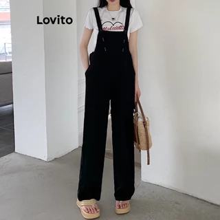 Lovito Casual Jardineira Feminina Lisa com Bolso LNE29431 (Preto)