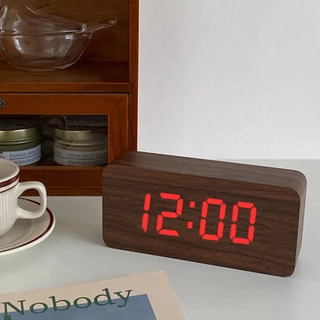Relógio De Mesa Digital Led Despertador Madeira Sensor Para Quarto