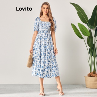 Lovito Vestido Boho Floral com Babados em Camadas e Mangas Bufantes para Mulheres LBL06135 (Azul)