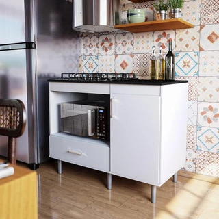 Balcão Para Cooktop 1,05m 5 Bocas 1 Nicho Com 1 Porta E Gaveta Turim Branco