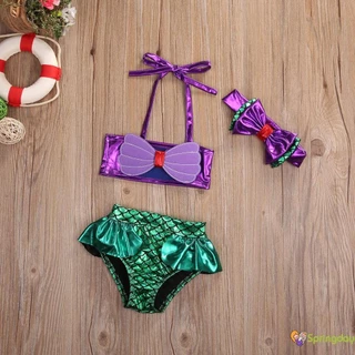 Kids Baby Girls 3pcs Set Conjunto De Sereia Com Fita De Banho Bow Headband Swimsuit