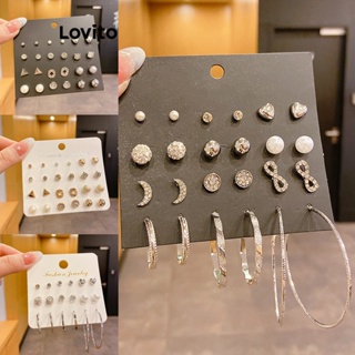 Lovito Conjunto De Brincos Geométricos De Strass Com Pérolas Lisas Casuais Para Mulheres LFA11200