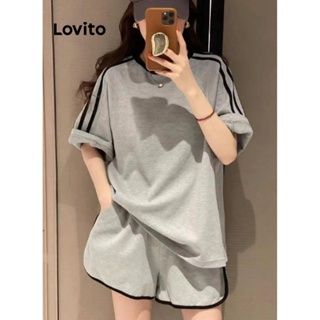 Lovito Conjuntos De Shorts Casuais Com Patchwork Contrastante Para Mulheres LNE37418 (Cinza)