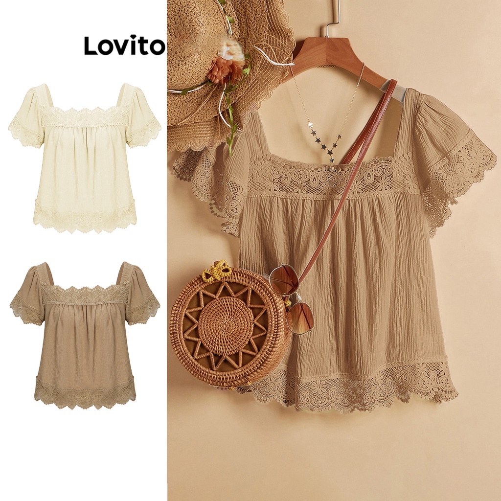 Lovito Casual Blusa Feminina Lisa Jacquard com Renda L68ED260 (Cáqui Claro)