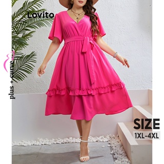 Lovito Vestido Plus Size Curvo Elegante Liso Com Renda E Alface Para Mulheres LNL37172 (Rosa Quente)