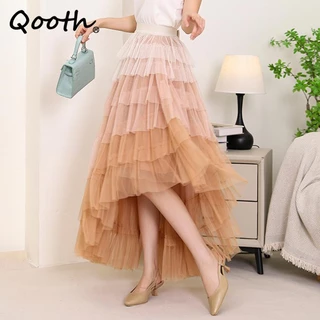 Qooth Coreano Estilo Gradiente Puffy Cake Saia De Malha Longa Vintage Elástica De Cintura Em Tule De Gaze Para Outono QT2222