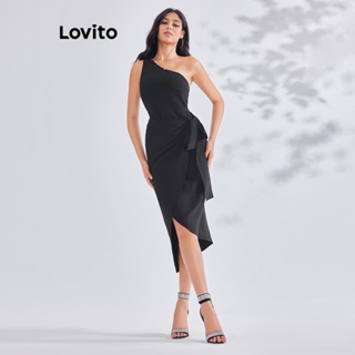 Lovito Vestido com Amarração Assimétrica e Renda para Mulheres LBE03140 (Preto)