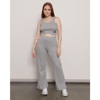 Calça Feminina Reta Canelada Mescla Cinza