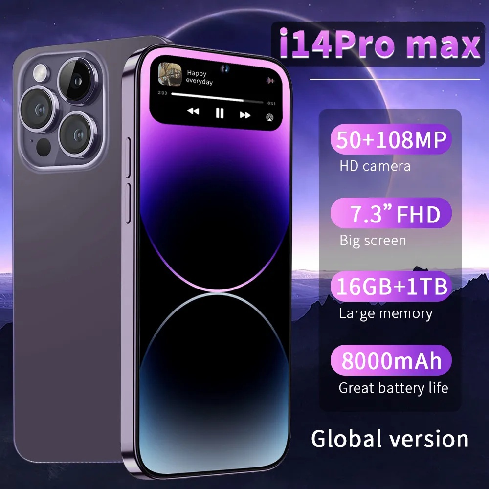 Global Version I14 Pro Max Smartphone 7.3Inch Telefone 8000mAh 1080MP  Camera 8GB+256GB Cell