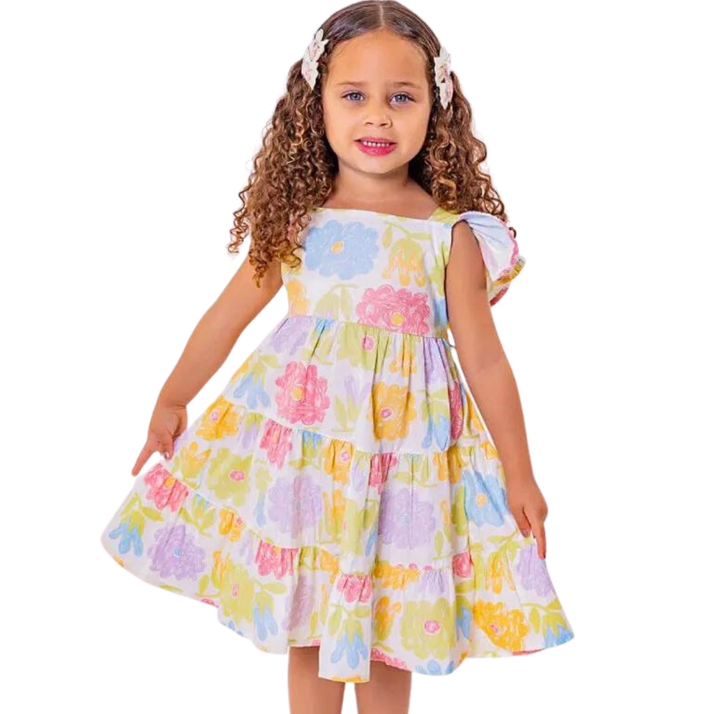 Vestido infantil menina estampado bolinha floral e fruta em