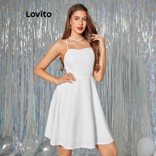 Lovito Casual Vestido Feminino Liso com Costas Abertas LBA05183 (Azul)