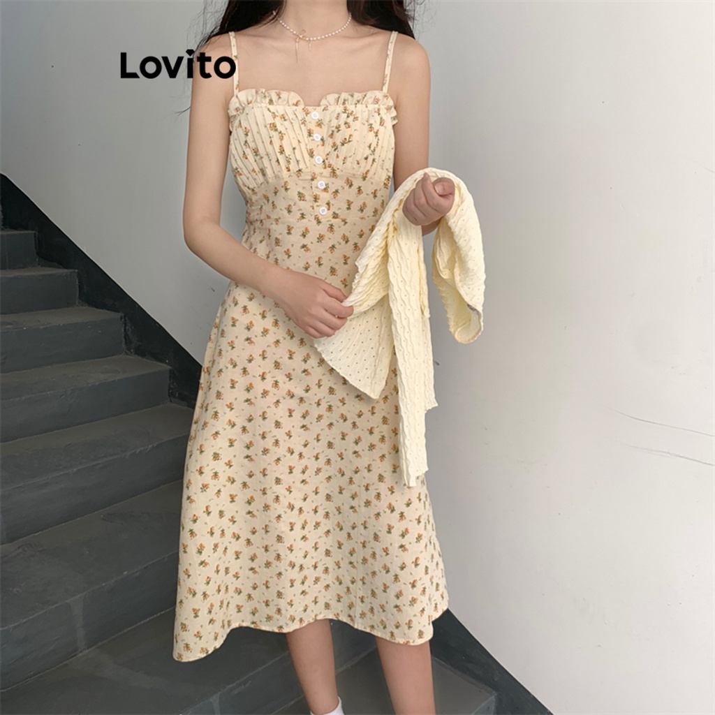 Lovito Vestido Casual Ditsy Floral Padrão Plissado Com Botões Para Mulheres LNE35142 (Damasco)