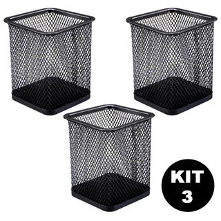 Kit 3 Porta Caneta e Lápis Escritório Aramado Organizador Quadrado Preto Office Grande