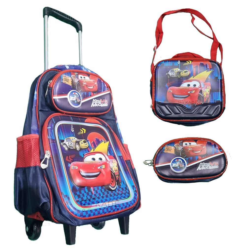 Mochila Escolar Infantil Carrinho Kit Com Estojo Lancheira Térmica Impermeável Rodinhas 3 Peças - Menino Carros