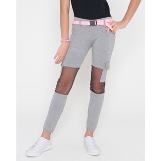 Calça Legging Juvenil Recortes Tule Cargo Cinza Claro