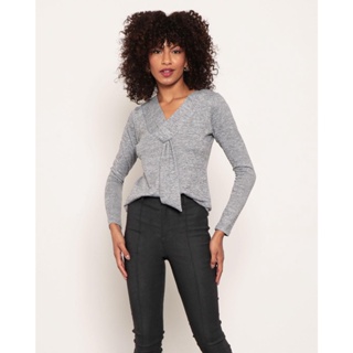 Blusa Feminina Decote V Gravatinha Tricô Mescla Cinza