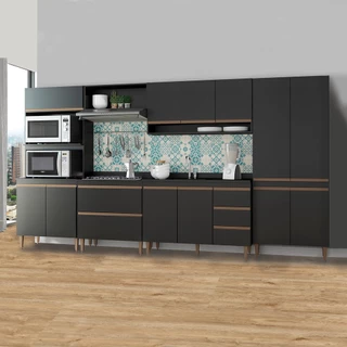 Cozinha Modulada Completa com Torre Quente Forno Sabrina 360x202 Cm 6 Peças MDP Preto MENU