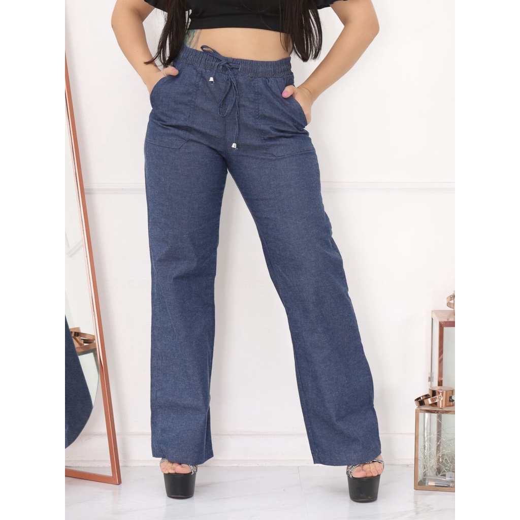 Jeans de cintura alta com gola alta e sino  Pants for women, Women jeans,  Wide leg pants jeans