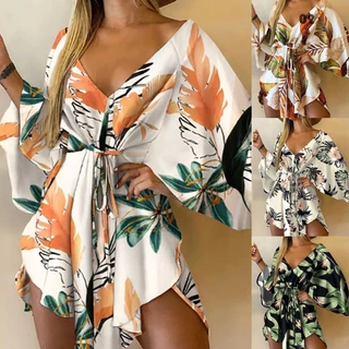 Giaur Asymmetrical Hem Mini Vestido Tropical Impressão Sexy Frente De Gravata V Pescoço Mulher De Praia