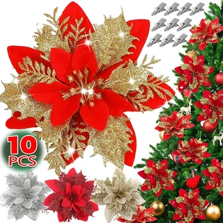 10/5Pcs Multi Estilos Poinsétia Natal Flores Falsas/Glitter Artificiais De Seda Árvore De Pendurada Ornamentos/Home Interior Grinalda Garland Decorações Acessórios