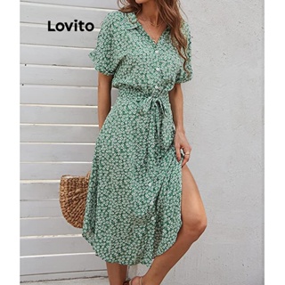 Lovito Boho Vestido Feminino Floral Amarrado com Cinto e Botão Frontal LNE27042 (Verde)