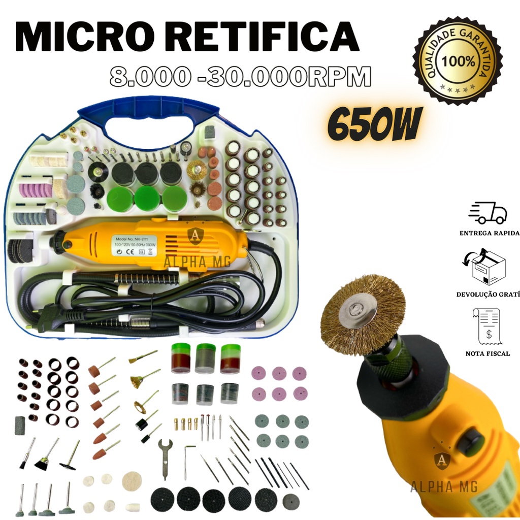 Kit Micro Mini Retifica Furadeira Politriz E Lixadeira Tipo Dremel Completa  40Pcs 250W Com Eixo Flexivel E Maleta 127V