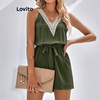 Lovito Macacão Boho De Renda Lisa Para Mulheres LNE31015 (Verde Escuro/Preto)