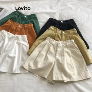 Lovito Shorts Lisos com Botões na Frente para Mulheres LNE21300 (Cáqui Claro/Preto)