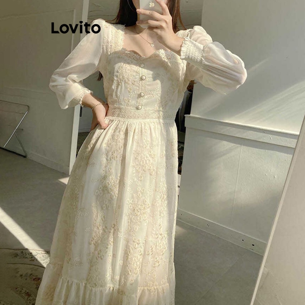 Lovito Casual Vestido Feminino Liso Franzido com Renda e Costura no Tecido LNE31258 (Branco)