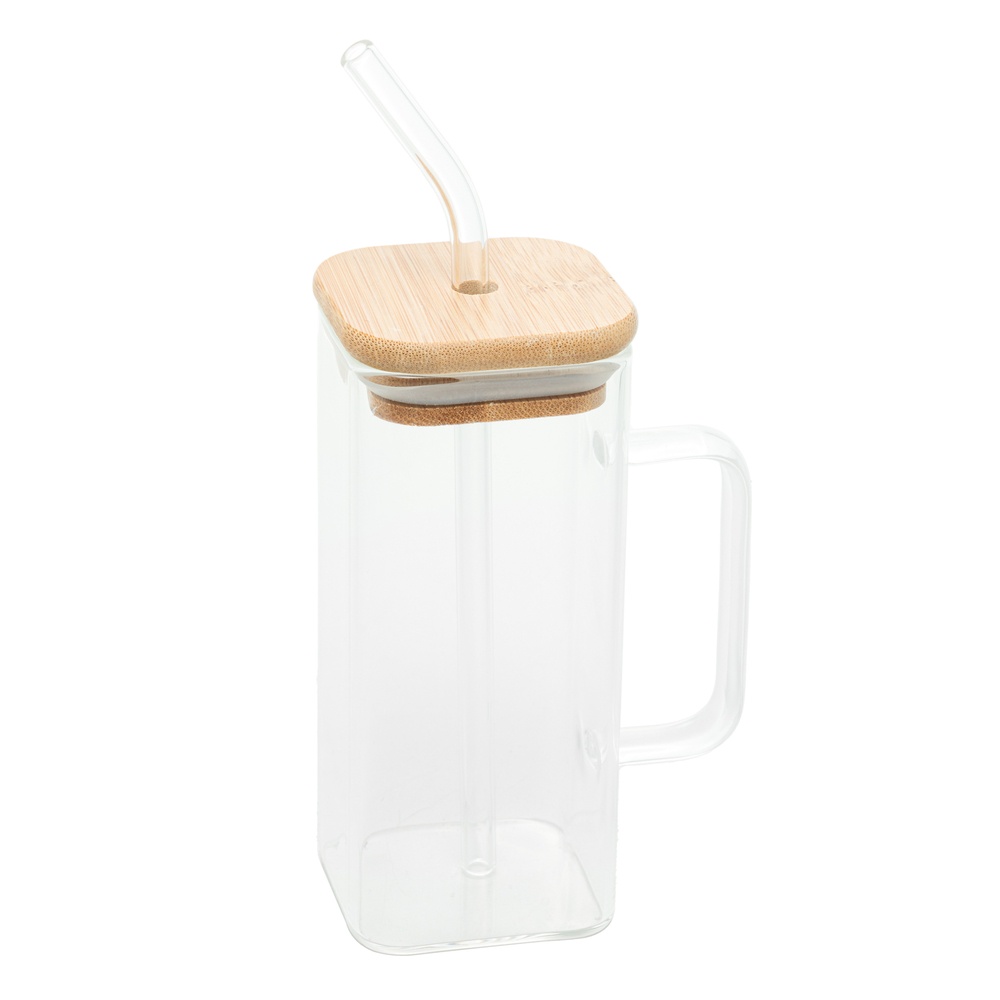 Caneca Vidro c/ Canudo e Tampa Bambu 400 Ml 29334 Rojemac