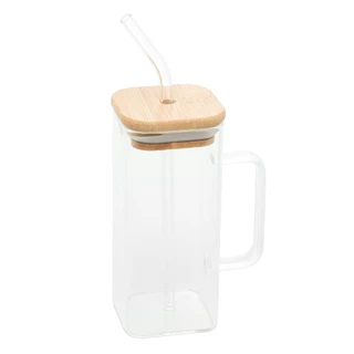 Caneca Vidro c/ Canudo e Tampa Bambu 400 Ml 29334 Rojemac