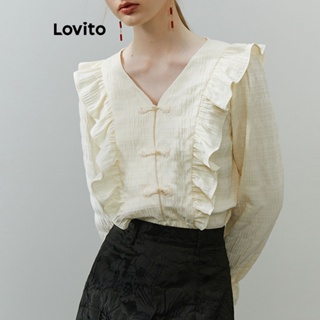 Lovito Blusa Plissada Elegante Com Botão Liso E Alface Para Mulheres LNE41265