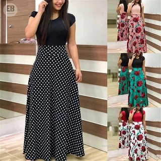 Moda Feminina Floral Manga Curta Flores Vestido Longo Impresso Casual Polka Dot