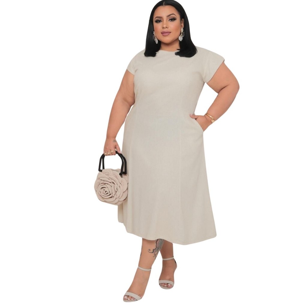 Plus Size Vestido De Linho Com Bolso Vestido Plus Size Linho Midi